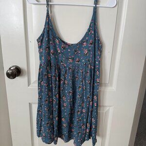 Natural Life Boho loose fit mini dress/dusty blue floral/spaghetti strap S